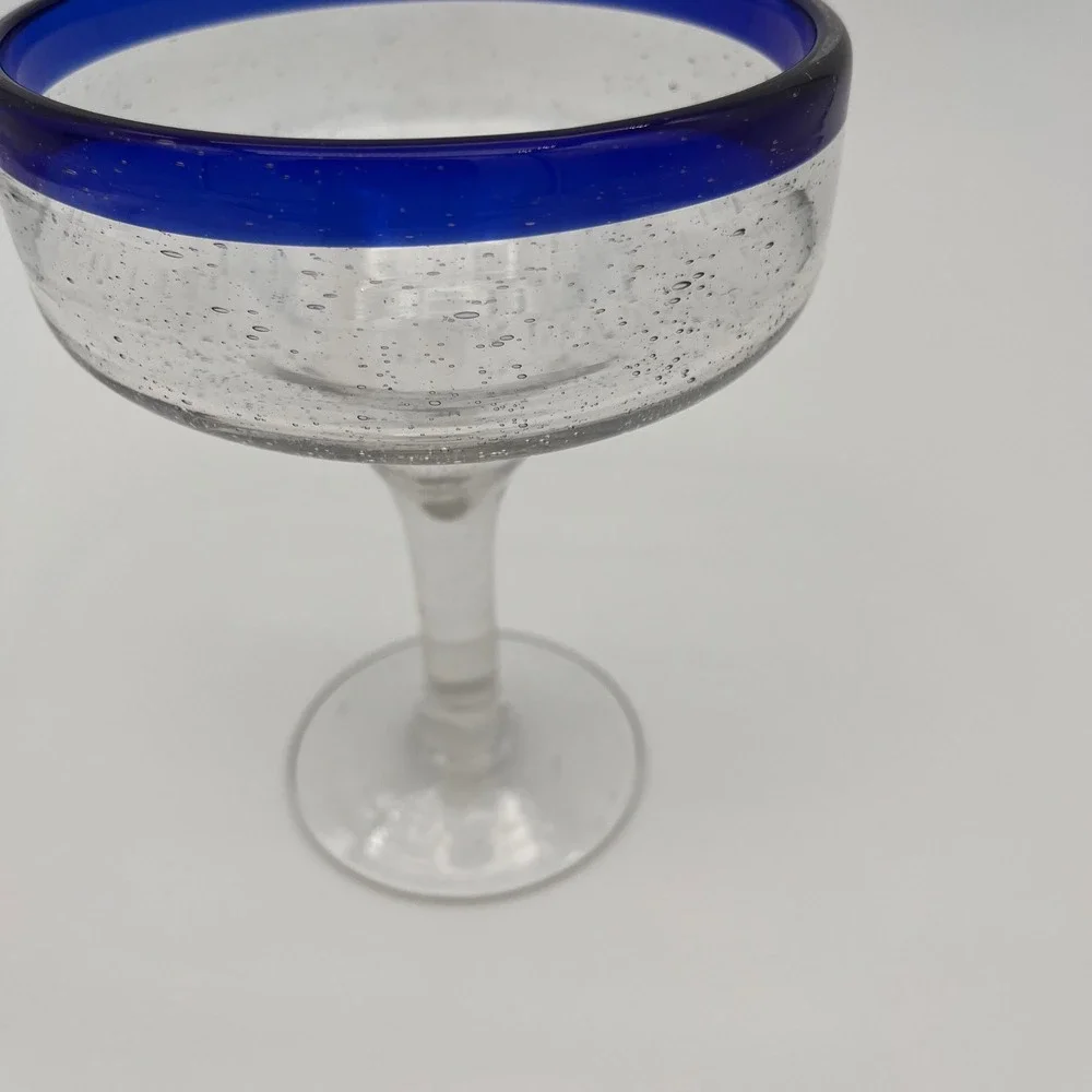 Hand Blown Mexican Margarita Glass Cobalt Blue Rim Seeded Glass Barware